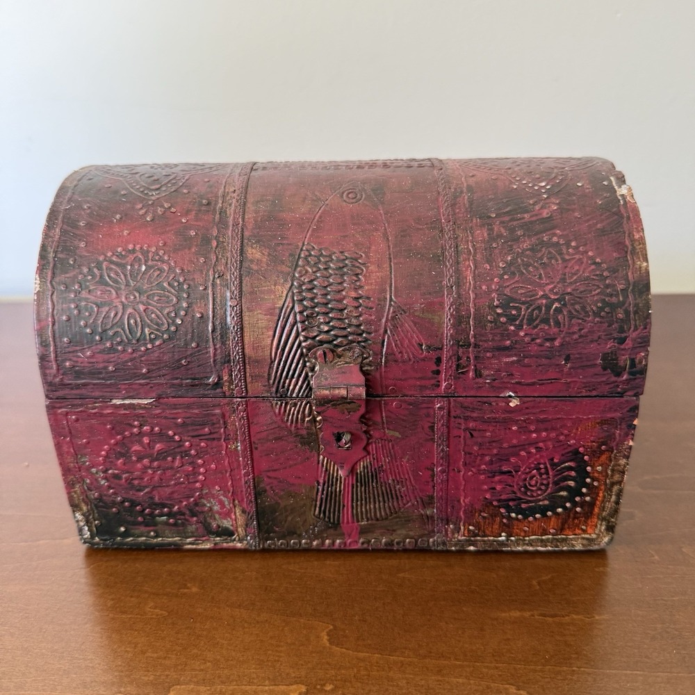 Vintage Red Hand-Painted Wood Floral Fish Treasure Chest Trinket Domed Box Latch